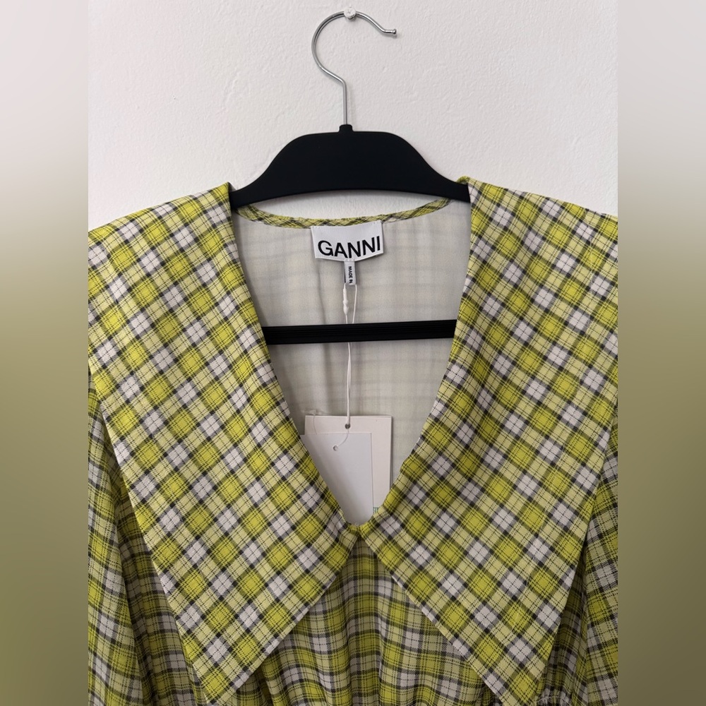 Ganni Yellow Plaid Long Sleeve Dress